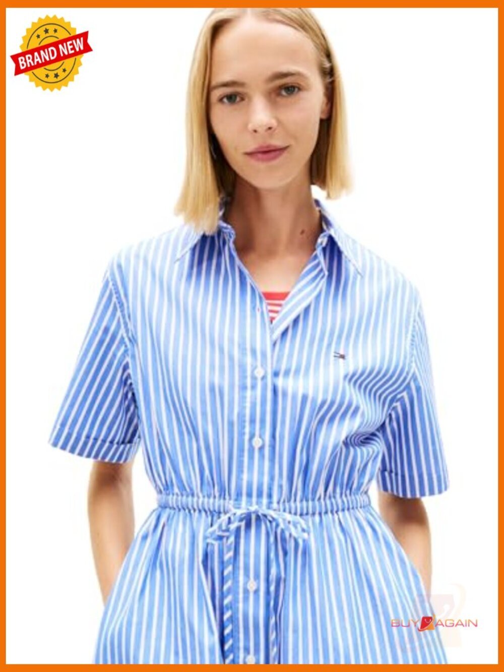 Mini Stripe Casual Shirt Dress A-line Cotton Poplin Blue - Picture 2 of 5
